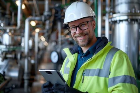 Homem em indústria com uniforme e epis e celular na mão com sorriso leve